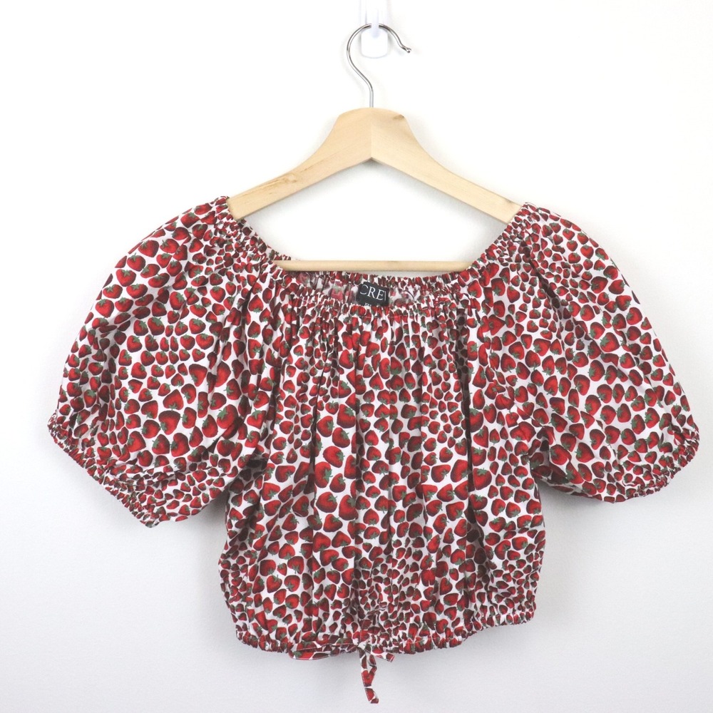 J. Crew Cinched-Waist Cropped Top in Strawberry Swirl Cotton Poplin XXS Print - Picture 2 of 9